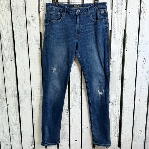 DCC Skinny Slim Fit Blue Jeans Size W 32 x L 32 Distressed Dark Wash Stretch - Picture 1 of 16